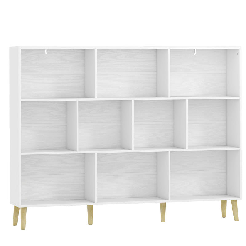 Slim hallway bookcase with 10 open cubes, white wood effect, full studio shot