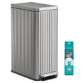 Songmics 50 L slim kitchen pedal bin in silver stainless steel with a fluted body, shown beside a pack of 15 Code K drawstring bin bags