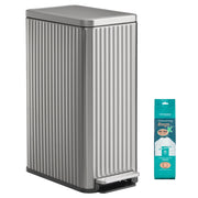 Songmics 50 L slim kitchen pedal bin in silver stainless steel with a fluted body, shown beside a pack of 15 Code K drawstring bin bags