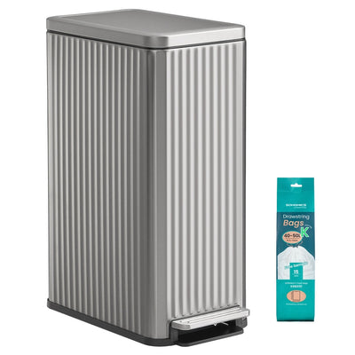 Songmics 50 L slim kitchen pedal bin in silver stainless steel with a fluted body, shown beside a pack of 15 Code K drawstring bin bags