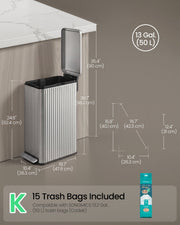 Labelled dimensions diagram for the Songmics 50 L pedal bin showing 26.3 cm width, 47.6 cm depth, 62.4 cm closed height and 98.2 cm with the lid open