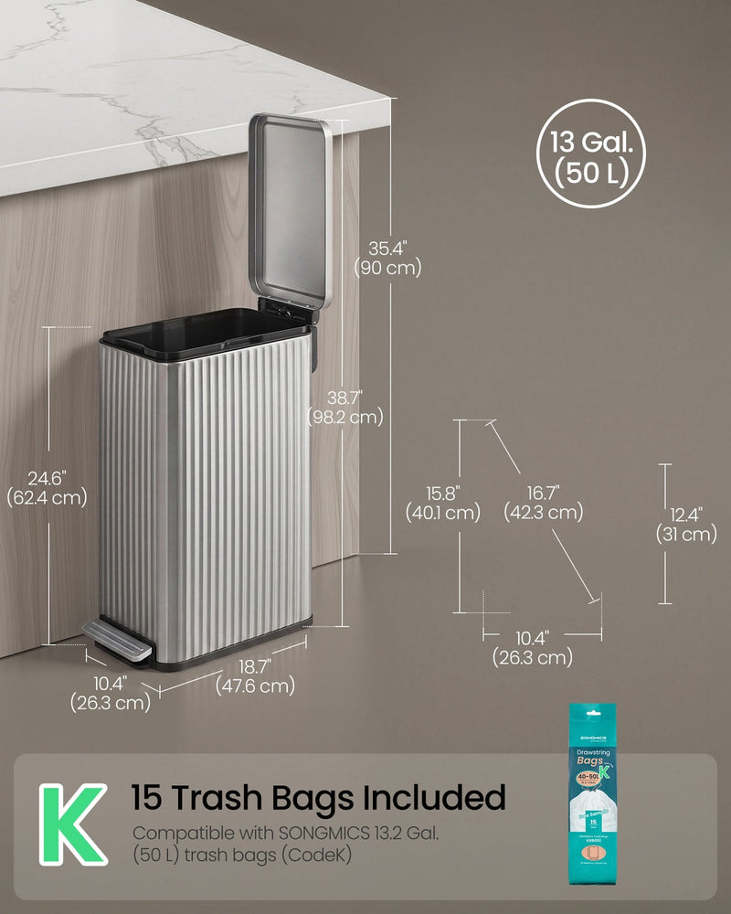 Labelled dimensions diagram for the Songmics 50 L pedal bin showing 26.3 cm width, 47.6 cm depth, 62.4 cm closed height and 98.2 cm with the lid open