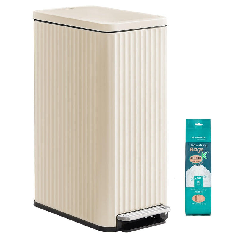 Beige Songmics 50 L slim kitchen pedal bin with a fluted body, shown beside a pack of 15 Code K drawstring bin bags