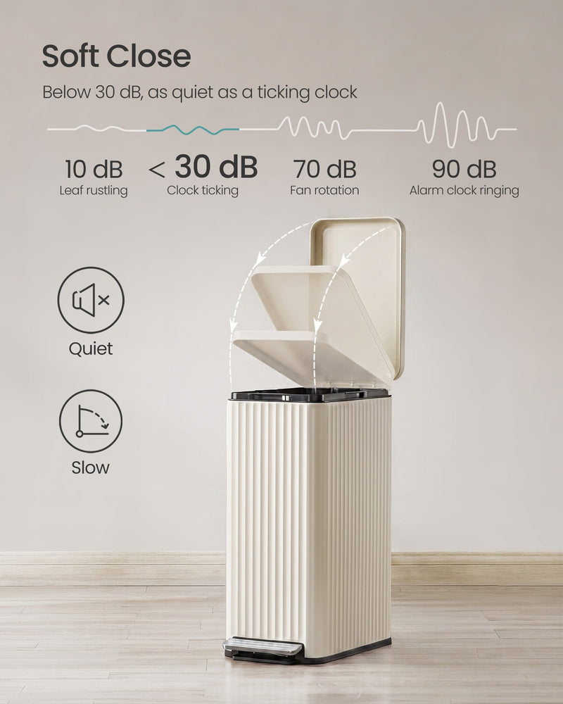 Graphic comparing the bin's under 30 dB soft-close lid with leaf rustling, a fan and an alarm clock