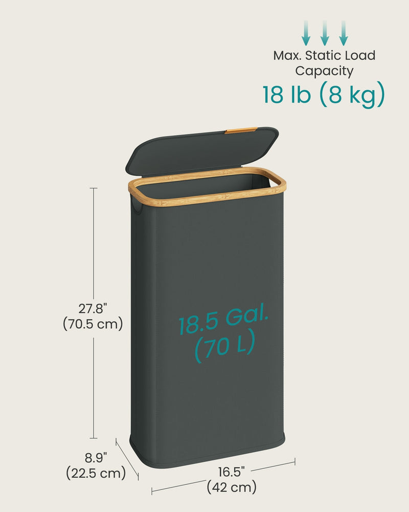 Diagram marking the 8 kg maximum static load and 18.5 gallon capacity