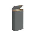Slim slate grey laundry hamper with bamboo rim and the lid lifted off