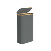 Slim slate grey laundry hamper with bamboo rim and the lid lifted off