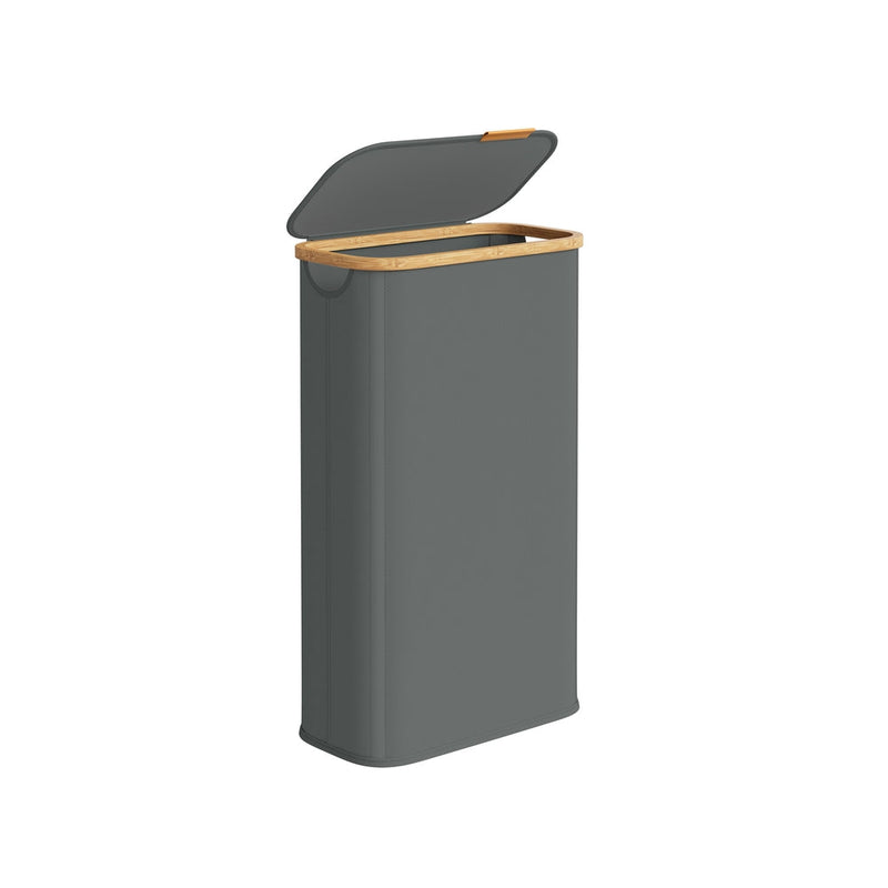 Slim slate grey laundry hamper with bamboo rim and the lid lifted off
