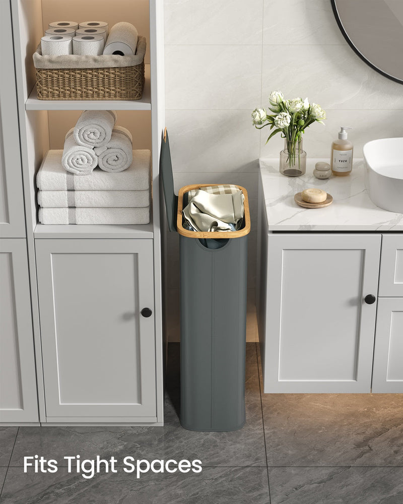 Fits Tight Spaces panel showing the hamper tucked between a storage cabinet and a bathroom vanity