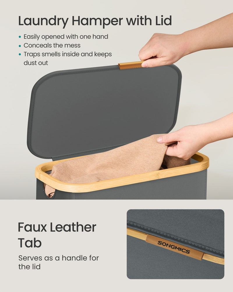 Laundry Hamper with Lid panel listing one-hand opening and dust protection
