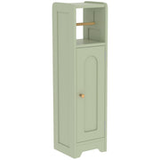 Slim light green bathroom cabinet with an arched door and gold-tone knob on a white background