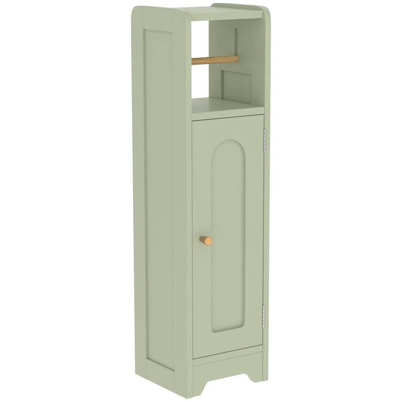 Slim light green bathroom cabinet with an arched door and gold-tone knob on a white background