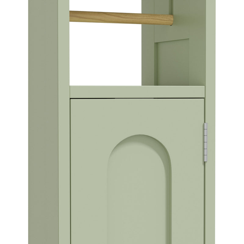 Close-up of the arched door panel and toilet roll bar at the top of the cabinet