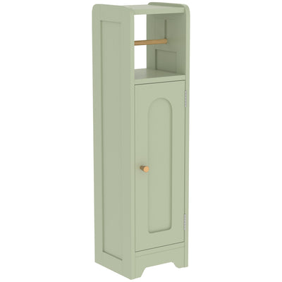 Slim light green bathroom cabinet with an arched door and gold-tone knob on a white background
