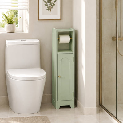 Light green bathroom cabinet with a toilet roll beside a toilet and shower screen