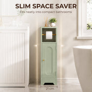 Slim light green cabinet fitting beside a bathroom vanity with 21 cm width marked