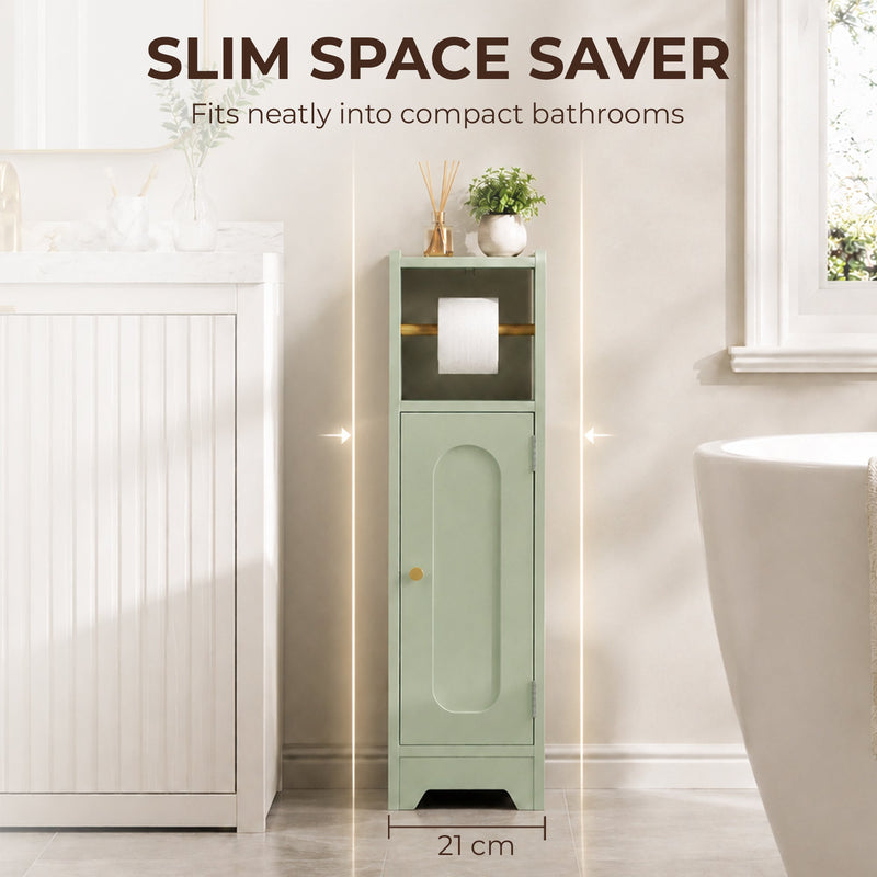 Slim light green cabinet fitting beside a bathroom vanity with 21 cm width marked