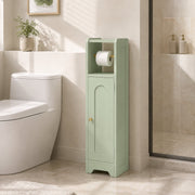 Light green bathroom cabinet beside a toilet in a tiled bathroom