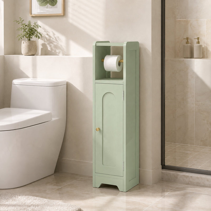 Light green bathroom cabinet beside a toilet in a tiled bathroom