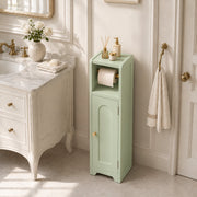 Light green cabinet with a toilet roll beside a vanity and towel hook