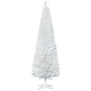 6ft white unlit pencil Christmas tree on a white plastic stand against a white background