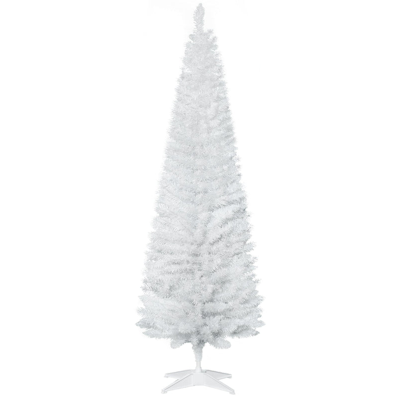 6ft white unlit pencil Christmas tree on a white plastic stand against a white background