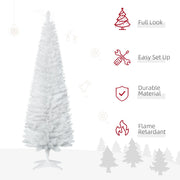 White pencil Christmas tree with icons for full look, easy set up, durable material and flame retardant