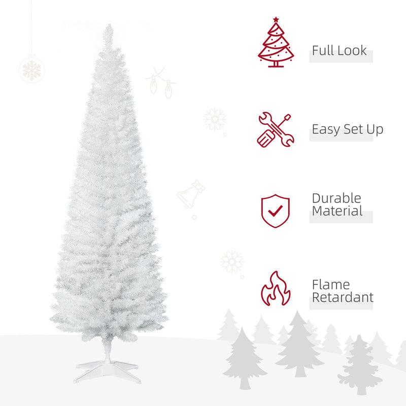 White pencil Christmas tree with icons for full look, easy set up, durable material and flame retardant