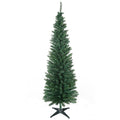 6ft green unlit pencil Christmas tree on a plastic stand against a white background