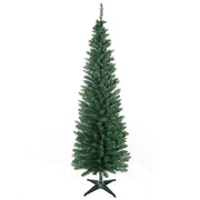 6ft green unlit pencil Christmas tree on a plastic stand against a white background