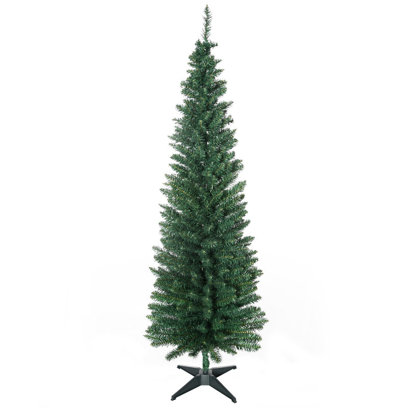 6ft green unlit pencil Christmas tree on a plastic stand against a white background