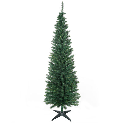6ft unlit pencil Christmas tree on its four-leg plastic stand, studio shot