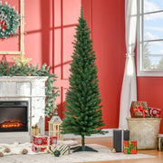 Green pencil Christmas tree beside a fireplace in a red-walled living room with gifts
