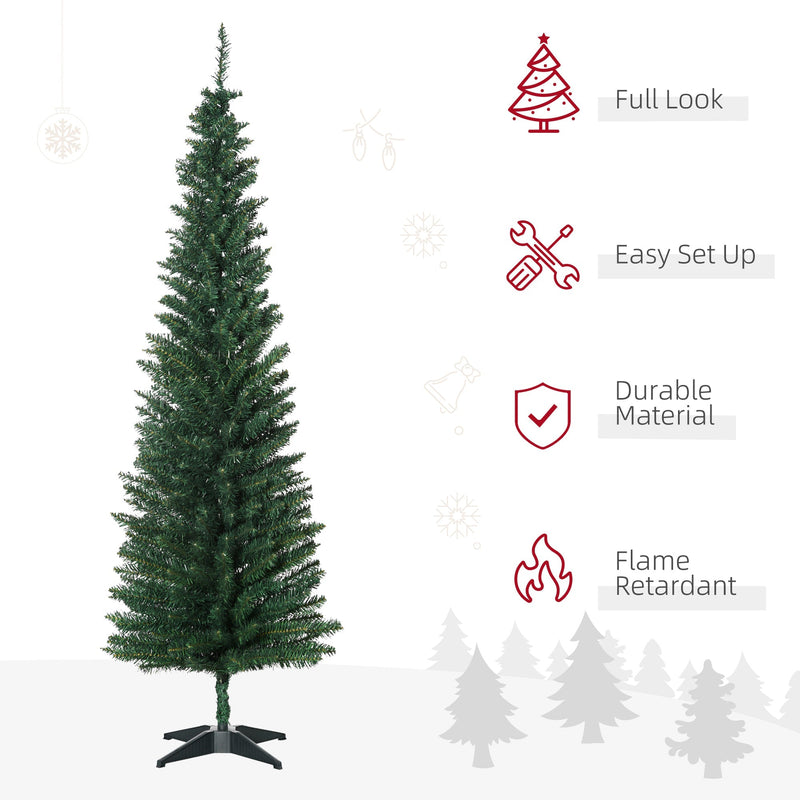 Green pencil Christmas tree with icons for full look, easy set up, durable material and flame retardant