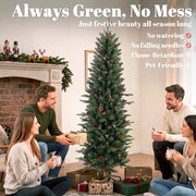 Slim pine Christmas tree in a living room with family gathered and flame-retardant text
