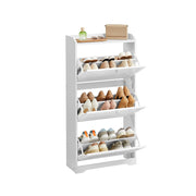 Cloud White Vasagle shoe cabinet with all three flip drawers open on a plain background