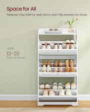 White shoe cabinet holding 12 to 20 pairs of shoes across three open drawers