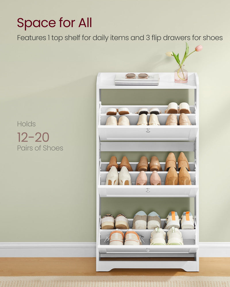 White shoe cabinet holding 12 to 20 pairs of shoes across three open drawers