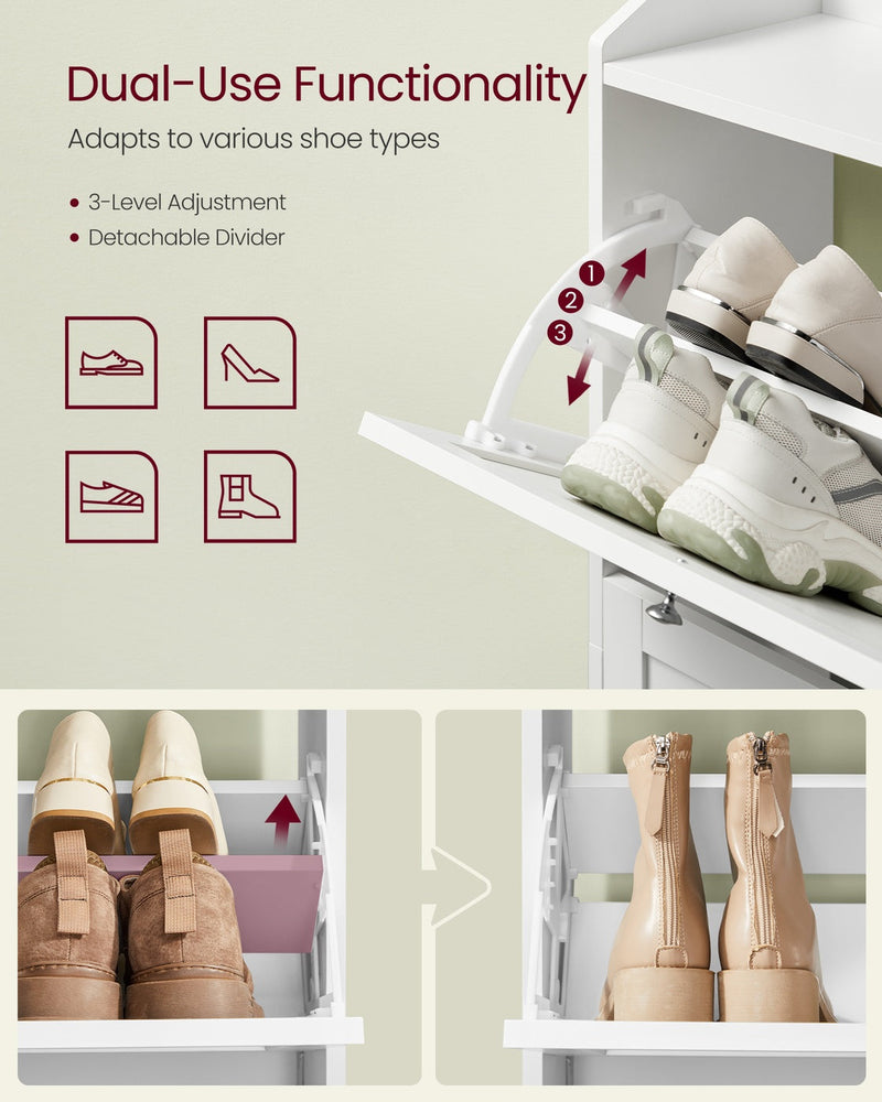 Close-up of the 3-level adjustable divider inside a drawer holding trainers and boots