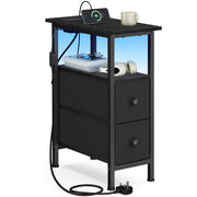 Ink black slim side table with LED shelf lighting, 2 fabric drawers and a phone charging on top