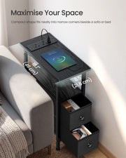 Narrow side table beside a sofa with 46 cm and 21.6 cm top measurements