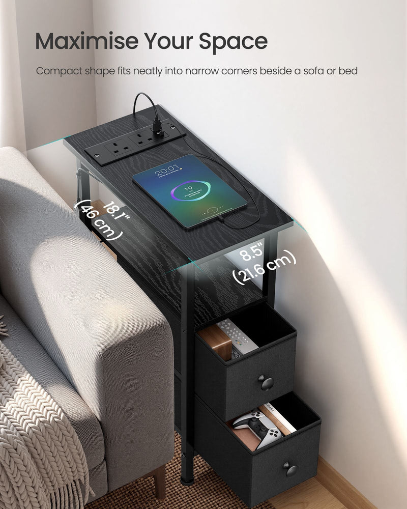 Narrow side table beside a sofa with 46 cm and 21.6 cm top measurements