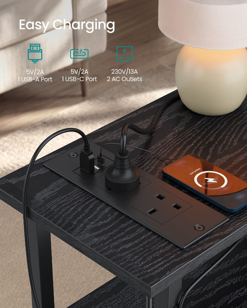 Close-up of the 2 AC outlets, USB-A port and USB-C port on the table top