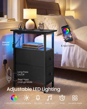 Side table beside a bed with app-controlled adjustable LED lighting