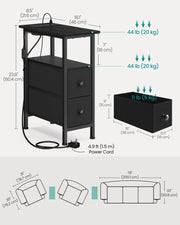 Dimensions diagram showing 46 x 21.6 x 60.4 cm with load limits and drawer size