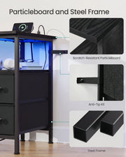 Close-ups of the scratch-resistant particleboard top, anti-tip kit and steel frame