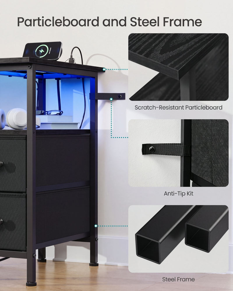 Close-ups of the scratch-resistant particleboard top, anti-tip kit and steel frame