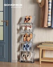 Close-up of the sloped shelves on the Songmics grey shoe rack