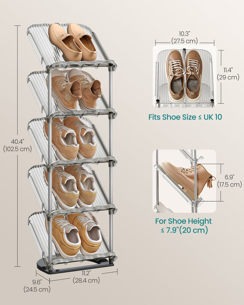 Songmics grey shoe rack holding a row of shoes