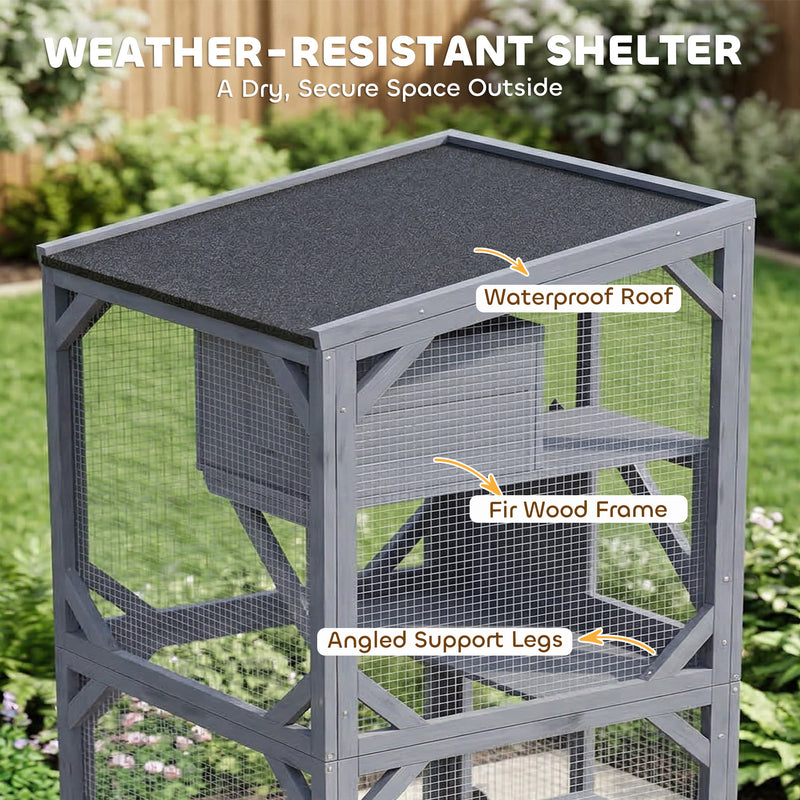 Rolling Outdoor Cat Enclosure With Three Levels for Easy Garden Access Dark Grey Pawhut
